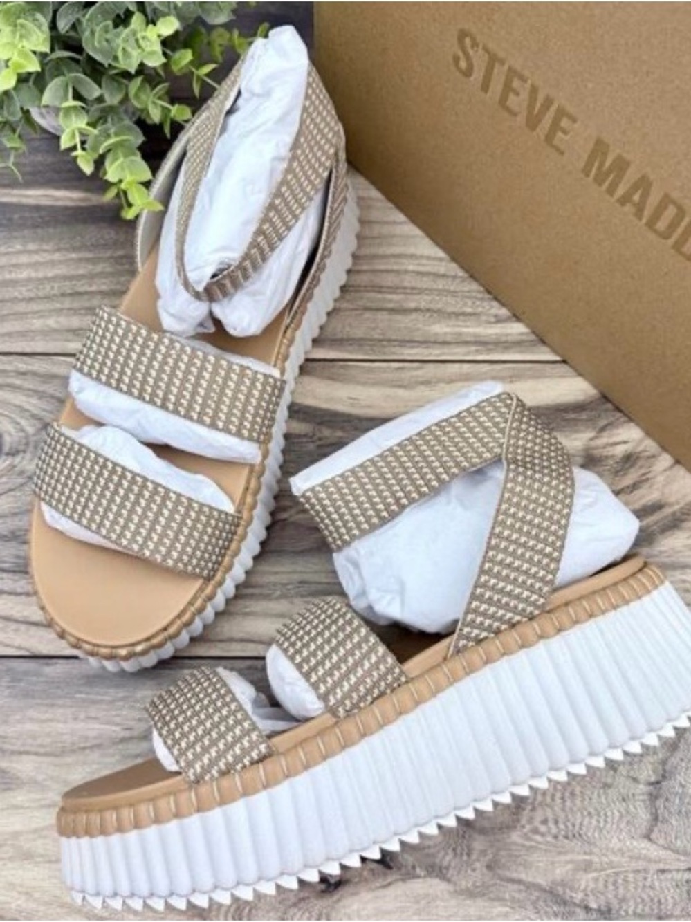 Steve Madden Neutral Beige Woven Platform Sandals